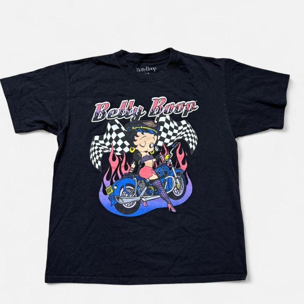 Betty Boop black cotton t-shirt graphic of Betty Boop on a motorcycle size L